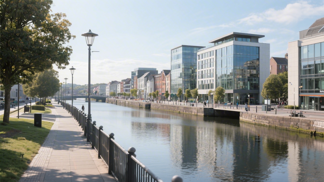 Cork city riverside view with modern office buildings and pedestrian walkways, representing the local business environment and community where the institute delivers training.