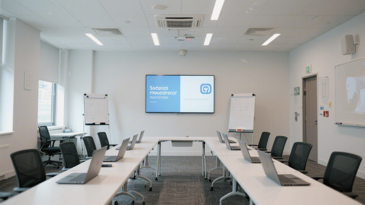 Wide view of a modern training facility with a long table, laptops, and presentation screen ready for a social media workshop, highlighting a professional learning environment.